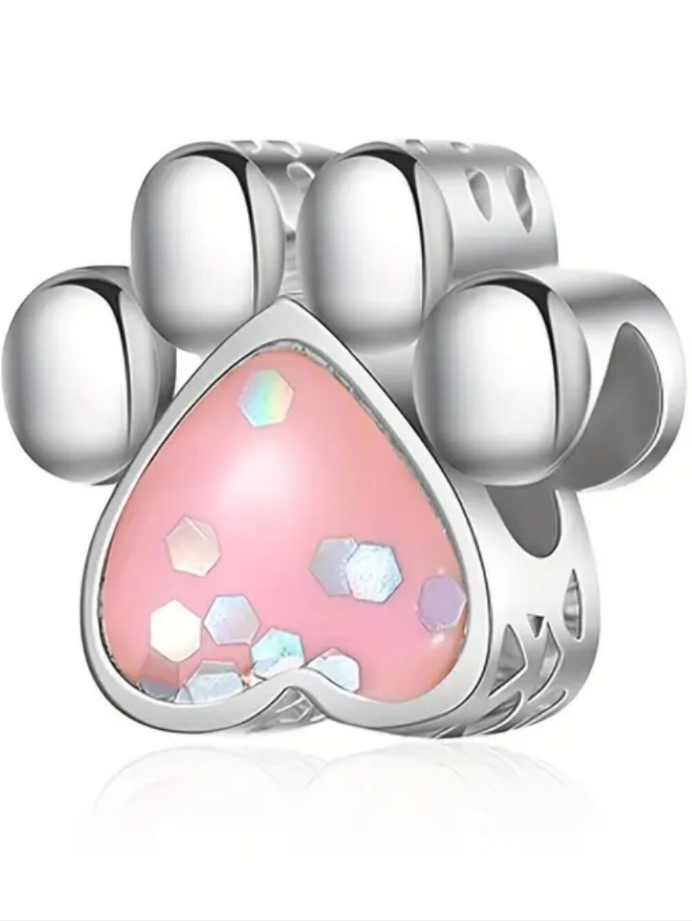 Silver Paw Heart Charm with Pink Enamel Accent